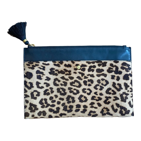 J. Crew Bags J Crew Animal Print And Leather Zip Top Mini Clutch Bag In Black Tan Poshmark